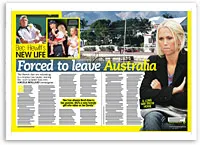 Magazine layout with headline "Forced to leave Australia," featuring images of a family and a concerned woman.