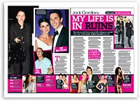 Magazine spread featuring Jodi Gordon with various images and text. Headline reads, "My Life Is in Ruins."