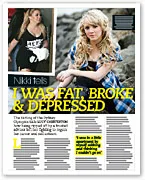 Nikki Webster magazine feature titled "I Was Fat, Broke & Depressed" with her images and story details.