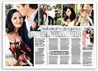 A couple at a garden wedding, with the bride holding a bouquet. Multiple photos of the ceremony and guests.