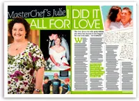 MasterChef's Julie smiling, wedding photo, and text about her motivation driven by love.