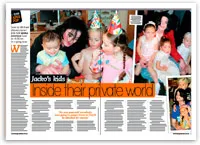 A magazine spread featuring Michael Jackson and his children in playful, candid moments, with colorful party hats.