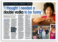 Image of an article featuring Fiona O'Loughlin discussing alcohol and humor, with photos of her and her family.