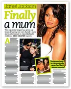 Janet Jackson magazine page with "Finally a mum" headline, featuring her photos and a brief article.