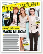 Three actors from Harry Potter, dressed in formal attire, featured in a magazine article about their earnings.