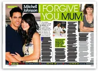 Mitchell Johnson smiles with a woman, with "I Forgive You Mum" headline, and text about personal reflections.