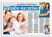 Actor with partner and child, smiling; article headline: "Rafters Star Allison Cratchley's Real Life Baby Surprise."