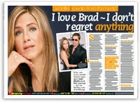 Jennifer Aniston feature in magazine with quote "I love Brad ~ I don’t regret anything," includes inset photo with Brad Pitt.