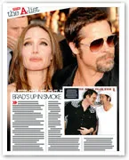 A magazine page featuring a man and woman at an event, with headlines and text about "Brad's Up in Smoke."