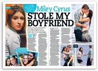 Miley Cyrus magazine spread with headline "Stole My Boyfriend" and photos of her with a male co-star in romantic scenes.