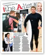 Magazine collage featuring a surfer, two people hugging, and three individuals walking, titled "Liam's Tangled Love Triangle."