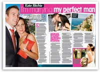 Couple embracing and smiling in a magazine feature about Kate Ritchie's engagement.