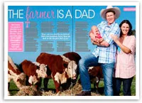 Farmer in a cowboy hat holds a baby, standing with a woman, surrounded by cows, with "The Farmer is a Dad" text.