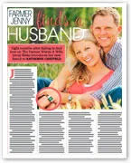 Couple sitting in a field, smiling, featured in a magazine article titled "Farmer Jenny Finds a Husband."