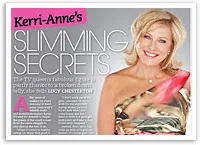 Kerri-Anne smiling in a colorful dress next to text about slimming secrets.