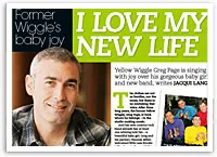Former Wiggles member smiling, headline reads "I Love My New Life," featuring a picture of the Wiggles group.