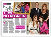 Magazine spread with a family portrait of four people and the headline "Fergie at 50: I Have No Regrets."