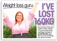 Weight loss guru smiling and raising arms; text says "I've Lost 160KG" with description of her achievement.