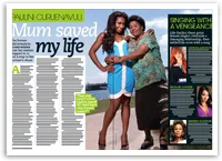 Two women, one in a blue dress and one in a floral top, embrace outdoors; article titled "Mum saved my life."