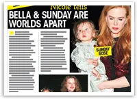 Woman holding a child labeled "Sunday Rose" in a magazine article titled "Bella & Sunday Are Worlds Apart".