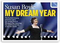 Susan Boyle performing on stage under bright lights, related to her 'My Dream Year' feature.