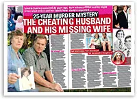 A murder mystery article titled "The Cheating Husband and His Missing Wife" with images and text discussing the case.