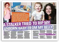 Mother and child smiling beside text: "A stalker tried to rip my unborn baby from my belly."
