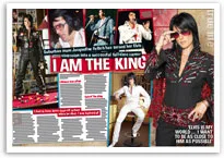 Elvis impersonators in various costumes with "I Am The King" headline, highlighting tribute performances.