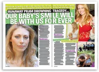 A newspaper article about a pram drowning tragedy, featuring photos of a woman, a child, and a family gathering.