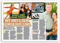 Family and photos in magazine spread titled "Sydney Ferry Crash Tragedy"; memorial article.