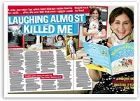 Woman smiling with a neck brace, holding a book. Background shows various personal and family photos.