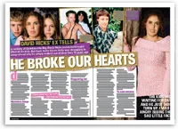 Image of a magazine spread with multiple photos of a woman and a man, surrounded by text about "David Hicks' Ex Tells".