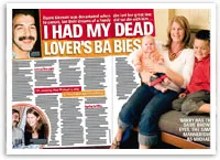 Woman with two children on a sofa, text on magazine cover titled "I Had My Dead Lover's Babies."