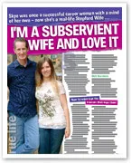 Couple standing together; headline reads "I'M A SUBSERVIENT WIFE AND LOVE IT." Text about relationship dynamics and life changes.