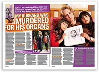 Mother and two children holding a photo of a man, headline reads "My Husband Was Murdered For His Organs."