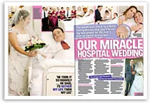 Bride and groom in hospital bed during wedding ceremony, surrounded by loved ones with "Our Miracle Hospital Wedding" text.