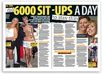 Magazine spread featuring a story titled "I Did 6000 Sit-Ups a Day to Stay Thin" with images of a person exercising and a family.