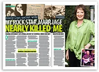 Magazine spread with a woman in green, headline "My Rock Star Marriage Nearly Killed Me," featuring Steely Dan content.