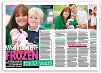 Magazine spread titled "My Kids Were Frozen for 17 Years" with family photos and text columns.
