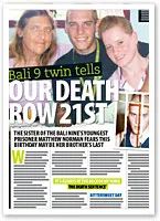 Bali 9 article with three people smiling, text about death row fears, and birthday concerns.