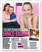 Magazine article featuring a young model posing, with the headline "12-year-old speaks out: I've been modelling since eight."