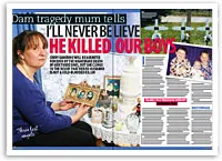 Woman holds photo of children at a memorial; magazine article titled "I'll Never Believe He Killed Our Boys."