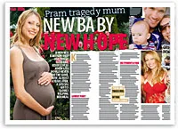 Pregnant woman smiling, holding her belly; headline reads "Pram tragedy mum; new baby, new hope." Images of a man and baby.