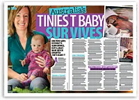 Article about Australia's tiniest baby surviving, featuring a mother holding her baby and an infant in neonatal care.