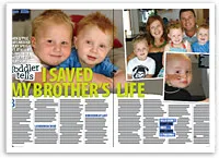 Two young boys smiling on a magazine spread titled "I Saved My Brother's Life," with family photos and text.