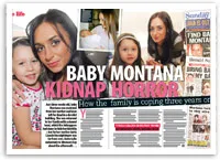 Family photo and article headline: "Baby Montana Kidnap Horror," discussing the family's experience and coping.