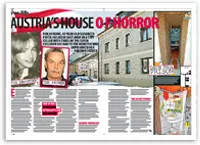 Austria's House of Horror magazine page showing building and two inset portraits.
