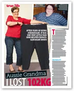 A woman in a red shirt proudly holds large pants, showcasing her 102kg weight loss, with a before photo in the background.