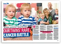 Twins in striped shirts with parents and siblings, featured in an article about their rare cancer battle.