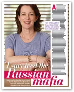 A woman smiling, sitting with arms crossed, featured in an article titled "I Survived the Russian Mafia."